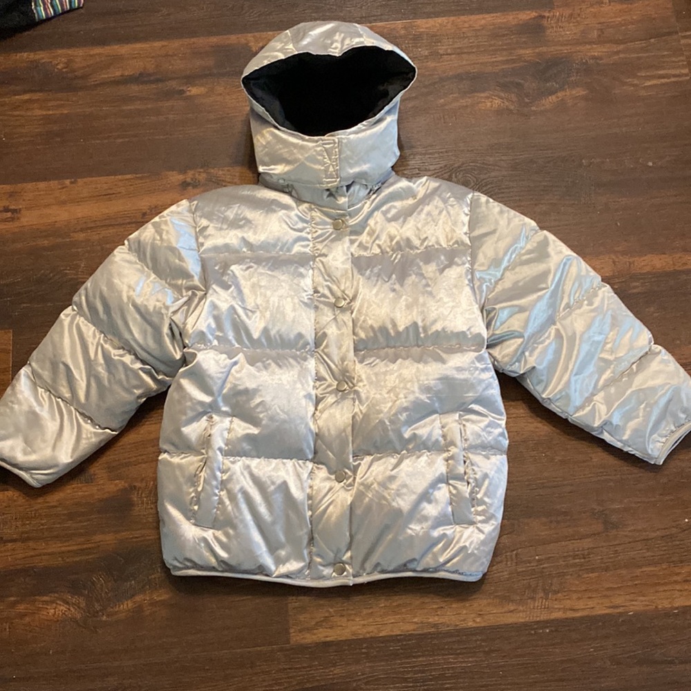 Gap Silver Puffer Hooded Jacket Girls Medium Very Warm